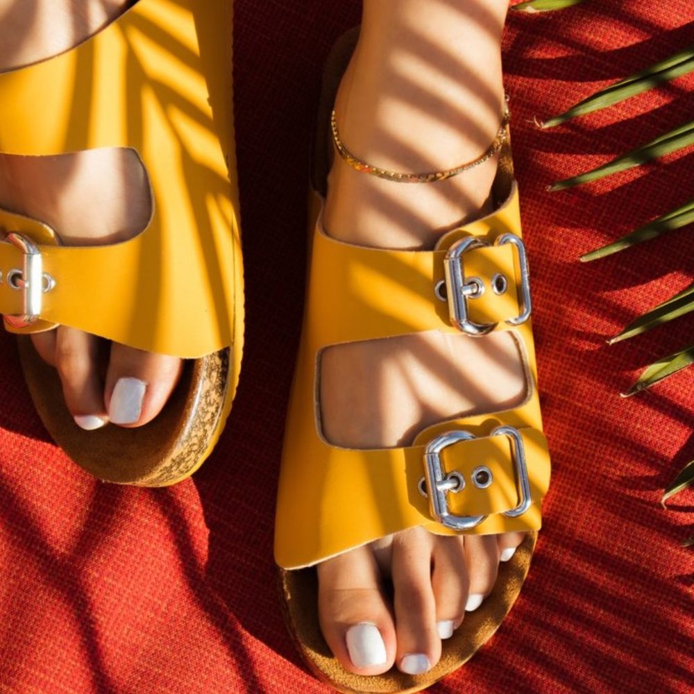 LAST 1!! Saffron Yellow Leather Birk Style Sandals - Picture 2 of 3